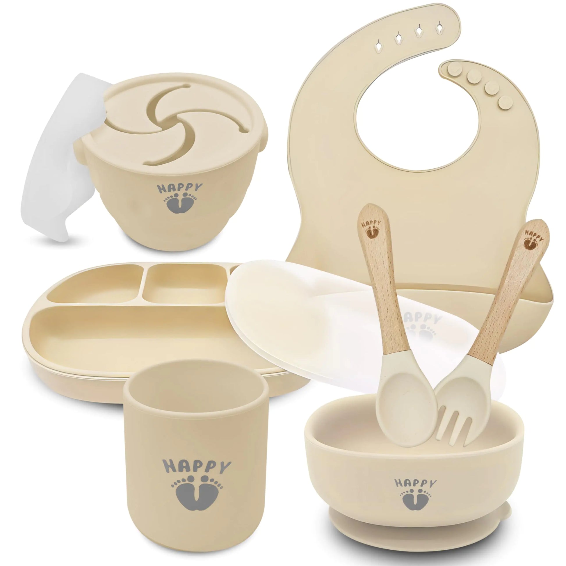 Dingas Direct - Happy Feet Feeding Set 9 Piece Baby Feeding Supplies Set Food Grade Silicone Baby Feeding Set Baby Led Weaning Set and Baby Dishes Quality Baby Suction Bowls and Plates. (Cream) - Live to Shop