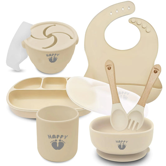Dingas Direct - Happy Feet Feeding Set 9 Piece Baby Feeding Supplies Set Food Grade Silicone Baby Feeding Set Baby Led Weaning Set and Baby Dishes Quality Baby Suction Bowls and Plates. (Cream) - Live to Shop