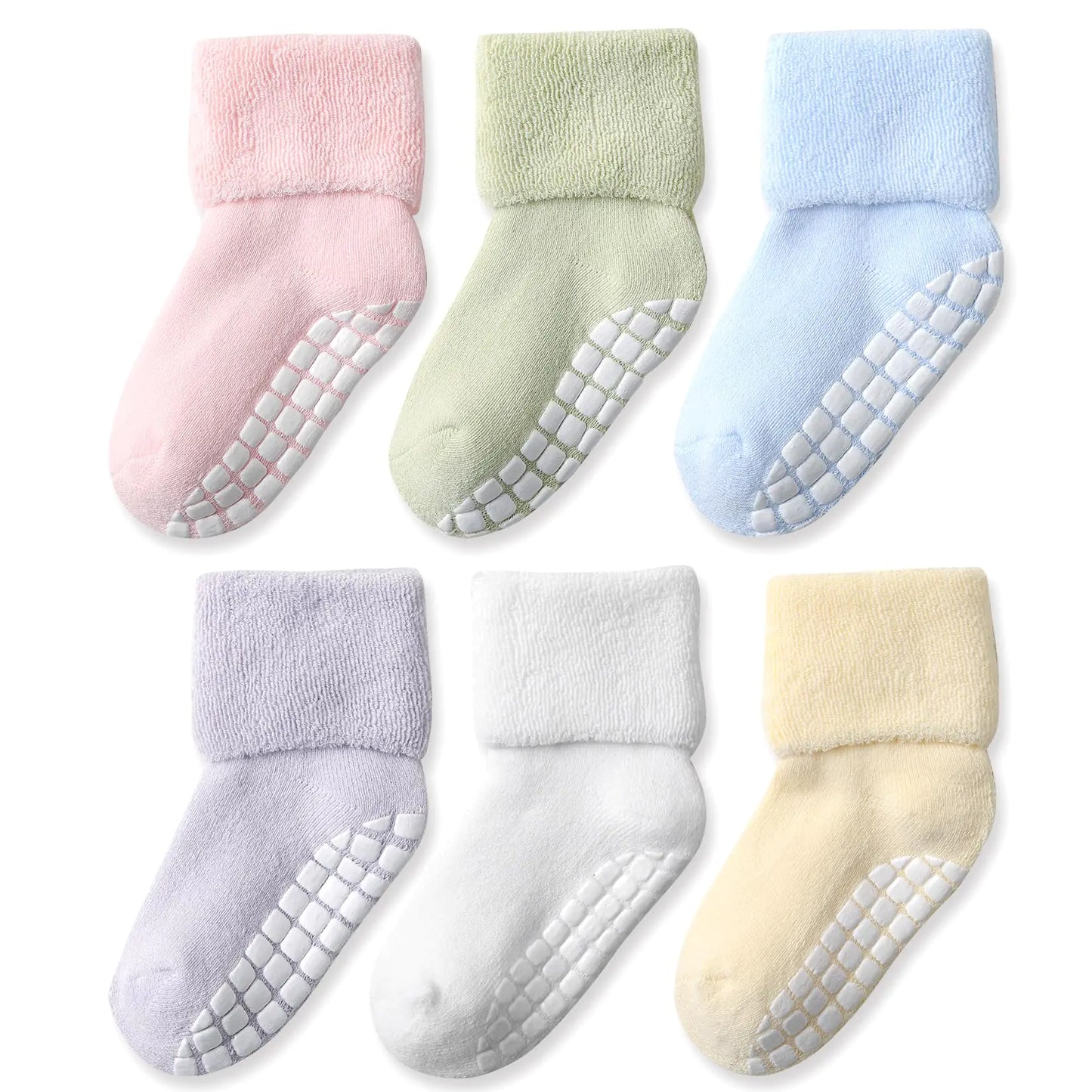 EPEIUS Toddler Socks Baby Thick Warm Cotton Crew Socks with Grips Boys Girls Non-slip Socks Turn Cuff Socks 12-36 Months Pastels 6 PackM