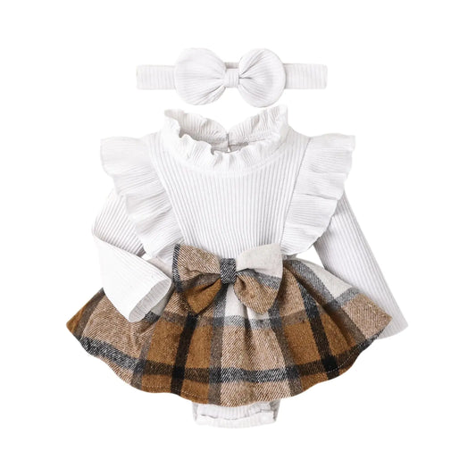 Plaid baby girl winter romper with bow and ruffle sleeves in soft cotton for newborns
