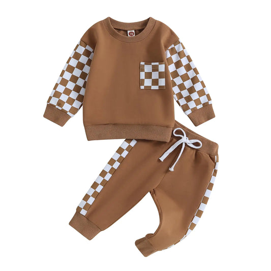 KtwHarnu Toddler Baby Boy Fall Winter Outfits Checkerboard Plaid Crewneck Sweatshirt Elastic Waist Pants Set 2Pcs Clothes (Brown 0-6 Months) - Live to Shop