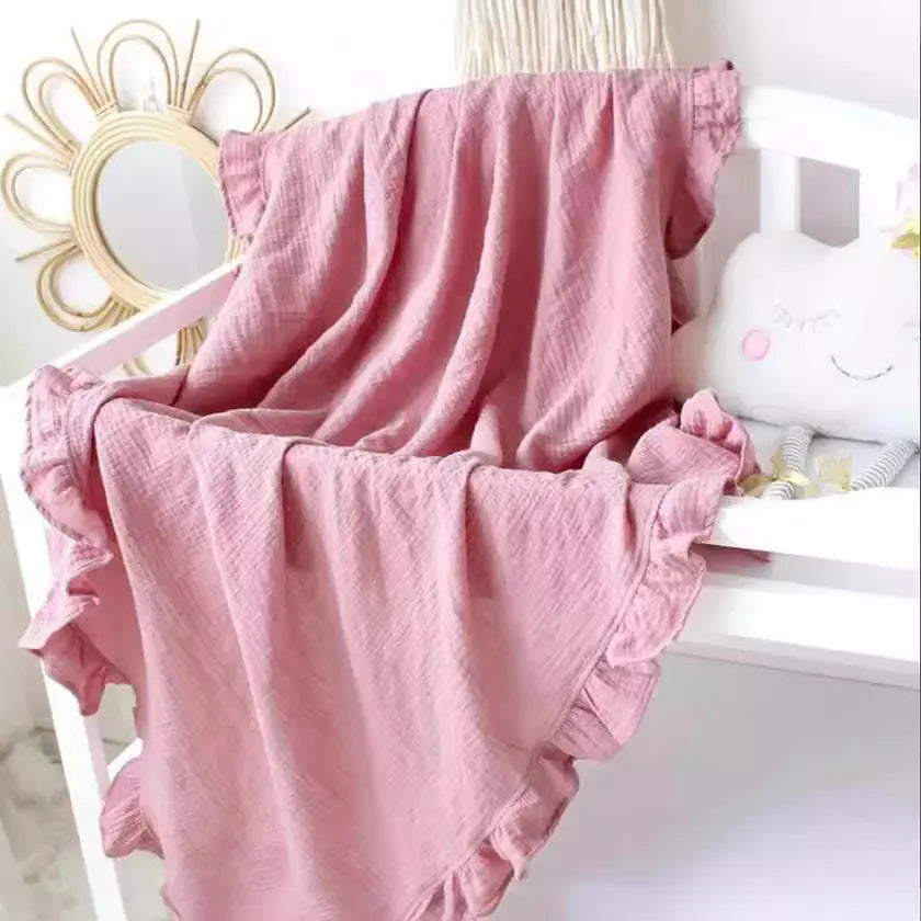 New Embroidered Baby Cotton Muslin Blanket with Ruffles - Live to Shop