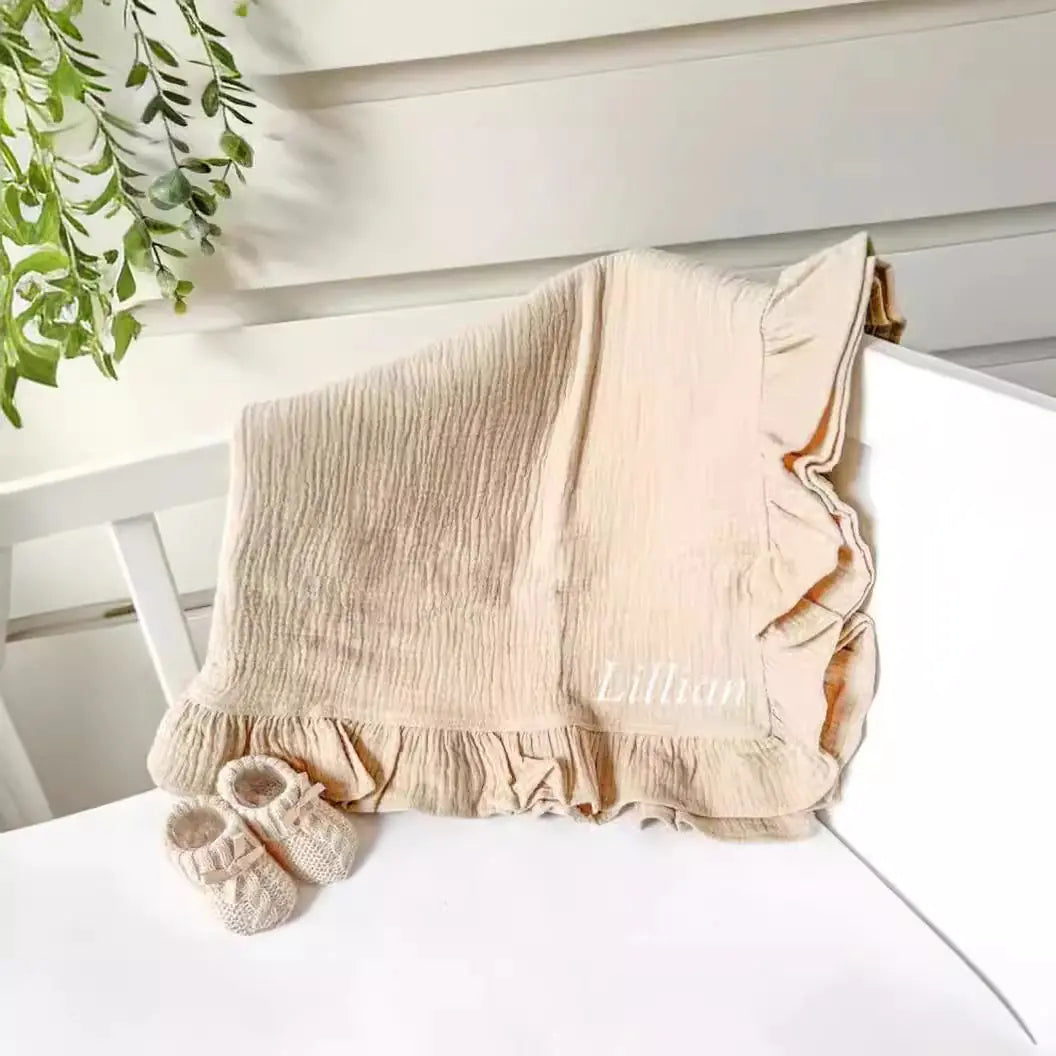 New Embroidered Baby Cotton Muslin Blanket with Ruffles - Live to Shop