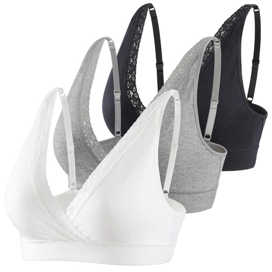 COLOMI Maternity Nursing Bra Wirefree Cotton Breastfeeding Bra for Sleep Lace Maternity Bralette (M Black+Grey+White) - Live to Shop
