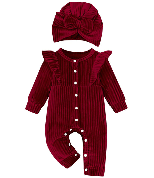 UNICOMIDEA Newborn Outfits 3-6 Months Comfort Homewear Babies Girl Clothes With Hat Long Sleeves Ruffles Jumpsuits For Baby Girls Wine Red Outdoor
