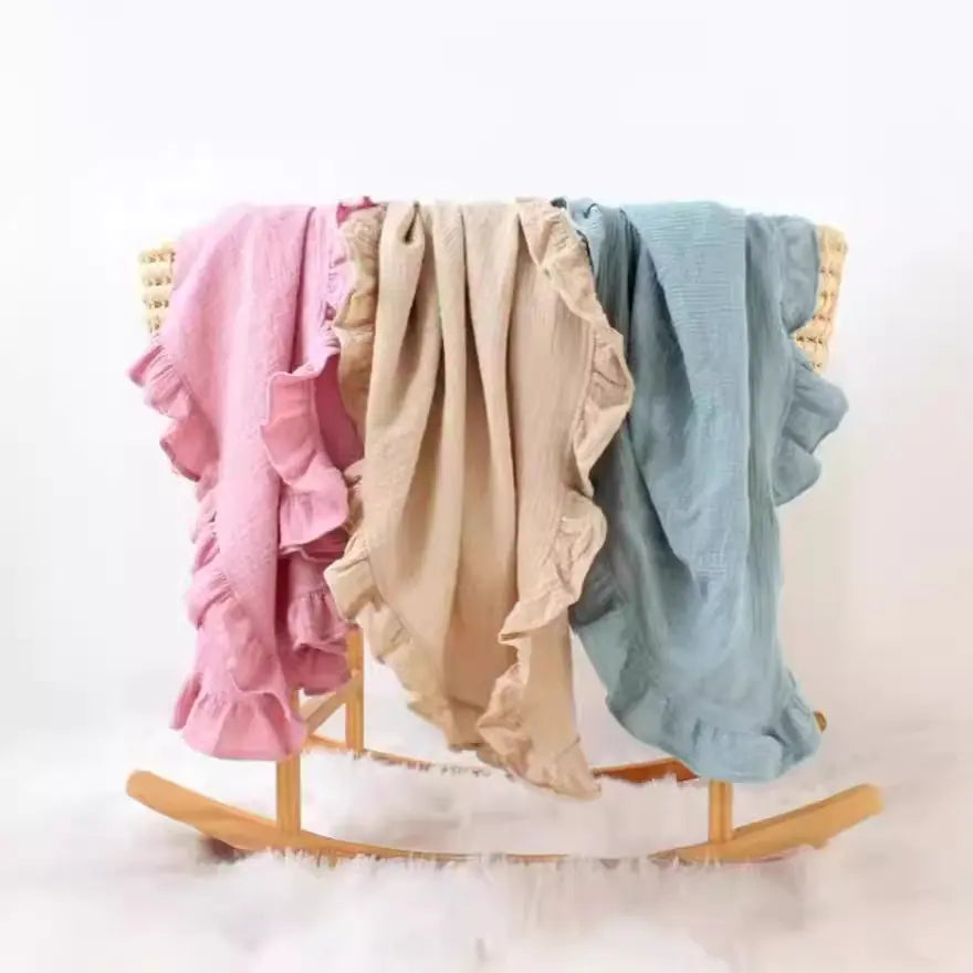 New Embroidered Baby Cotton Muslin Blanket with Ruffles - Live to Shop