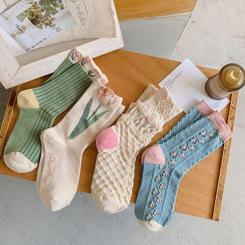 Retro Tulip Floral Cotton Socks - Live to Shop