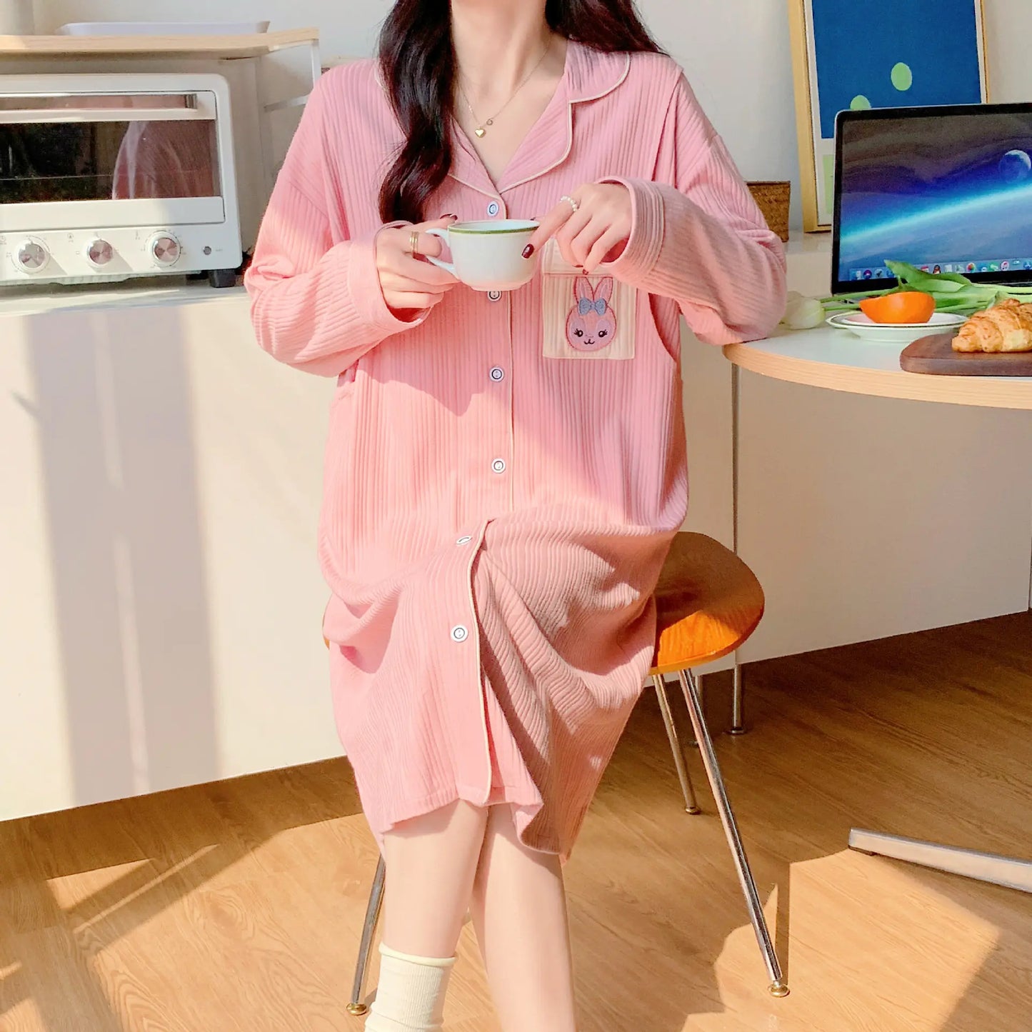 Cotton Maternity Nightgown for Nursing, Long Sleeve - Live to Shop