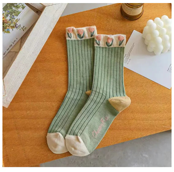 Retro Tulip Floral Cotton Socks - Live to Shop