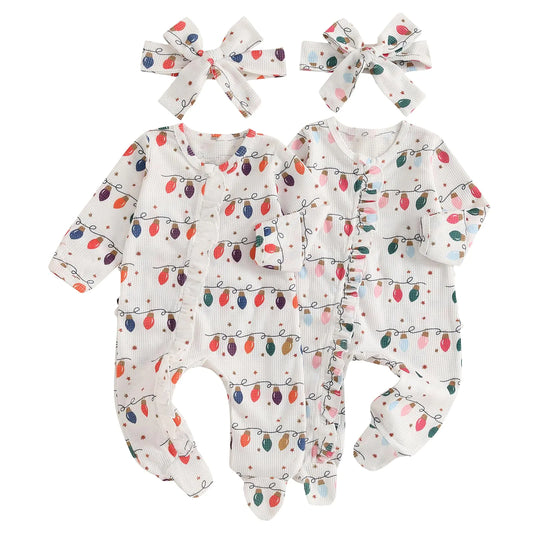 Baby Girl Footies Newborn Zipper Sleeper 2 Pack Ruffle Pajamas Romper Coming Home Outfit (Light&FestivalNewborn)