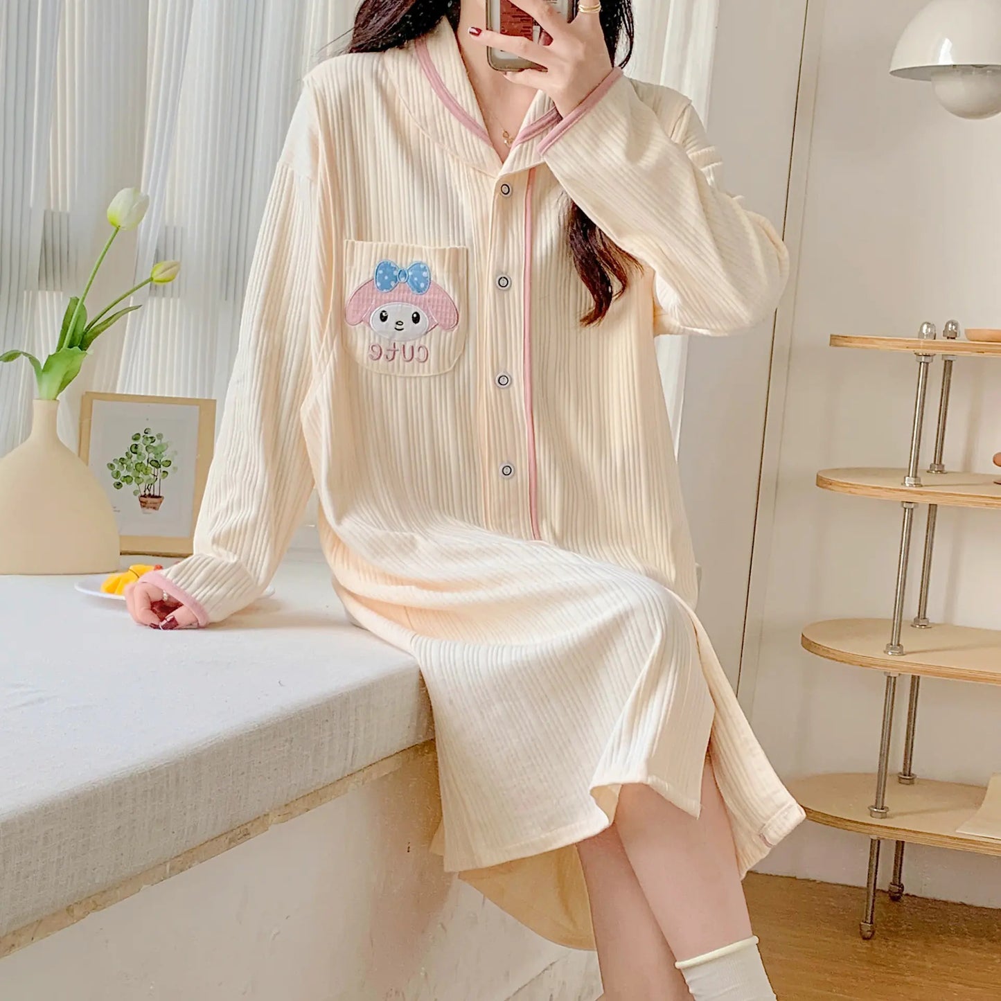 Cotton Maternity Nightgown for Nursing, Long Sleeve - Live to Shop