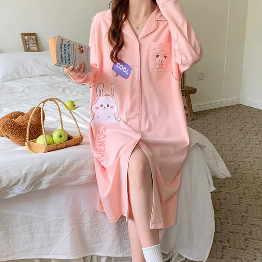 Cotton Maternity Nightgown for Nursing, Long Sleeve - Live to Shop