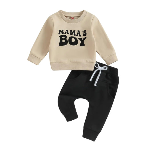 SHIBAOZI Baby Boy Clothes Toddler Fall Winter Outfit Letter Graphic Sweatshirt Pullover Tops + Pants Joggers Set (Khaki Black 6-12 Months) - Live to Shop