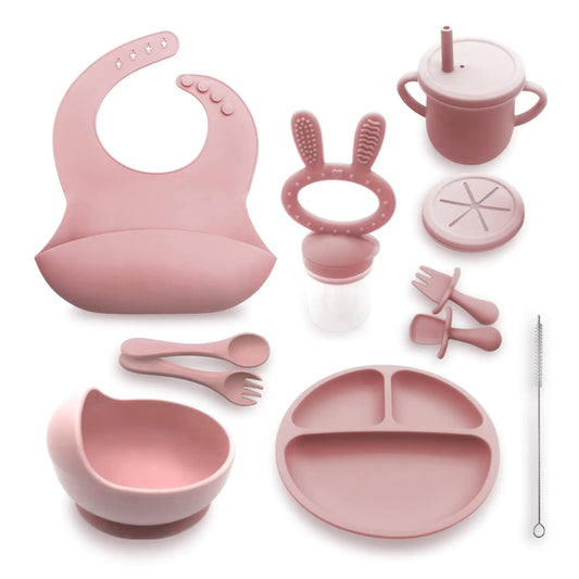 Generic Silicone Baby Feeding Set Baby Plates and Bowls Set Suction Plates for Baby Baby Feeding Essentials Baby Led Weaning Supplies Baby Plates with Suction Baby Utensils (Rose Pink) Regular - Live to Shop