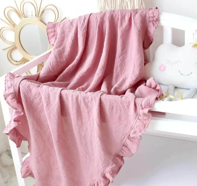 New Embroidered Baby Cotton Muslin Blanket with Ruffles - Live to Shop