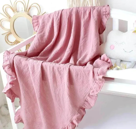 New Embroidered Baby Cotton Muslin Blanket with Ruffles - Live to Shop