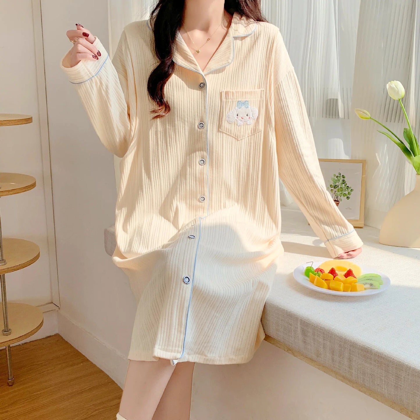 Cotton Maternity Nightgown for Nursing, Long Sleeve - Live to Shop