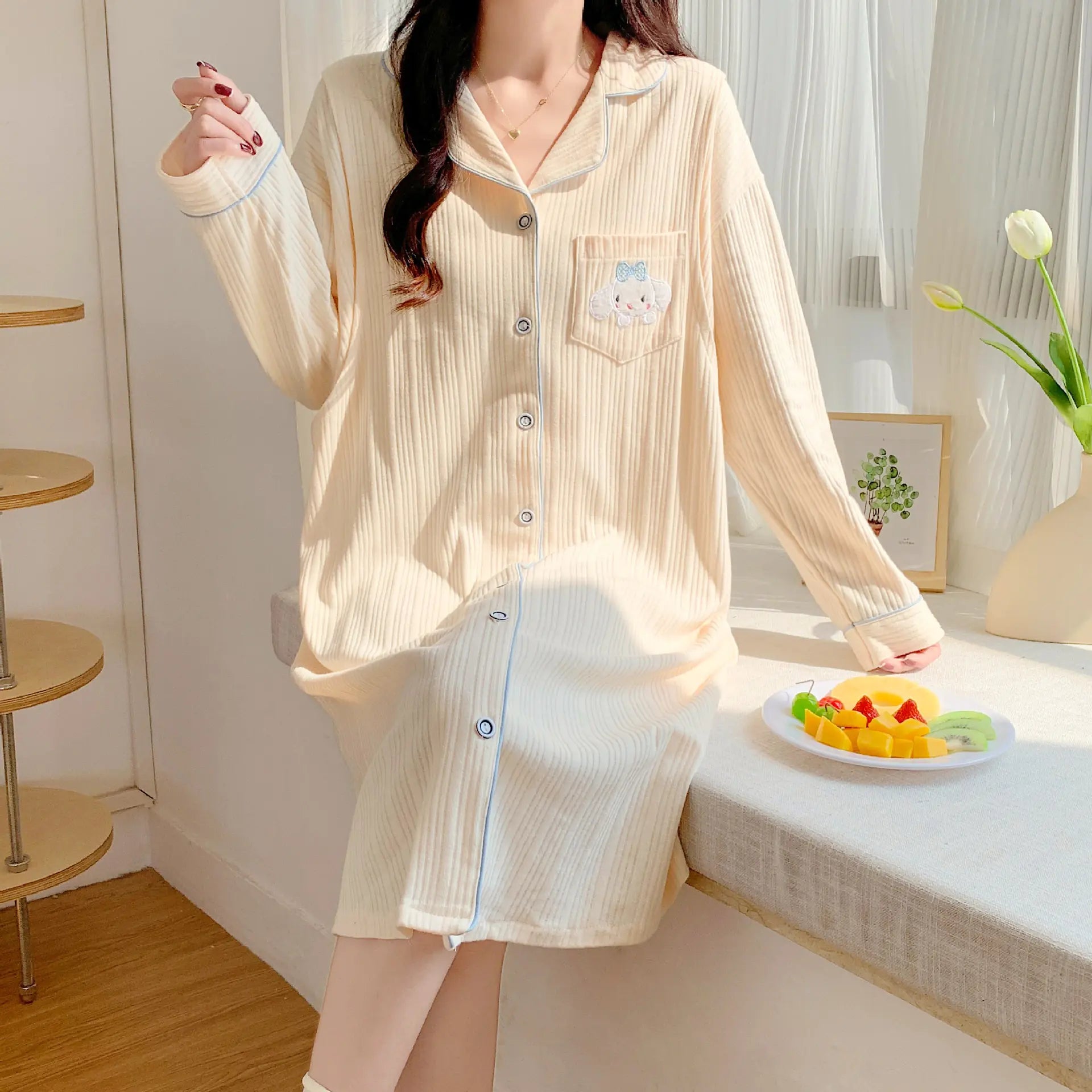 Cotton Maternity Nightgown for Nursing, Long Sleeve - Live to Shop