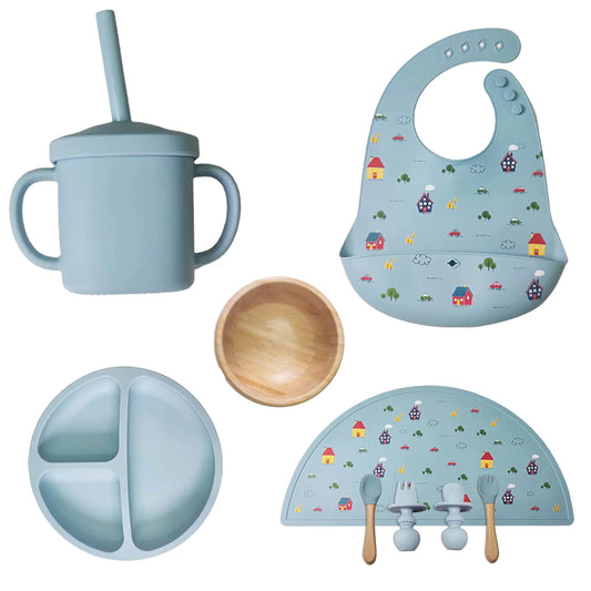 Baby Food Utensils Set - Baby Feeding Set - Baby Silicone Feeding Set - Baby Plates And Bowls Set - Baby Feeding (SKY BLUE) - Live to Shop