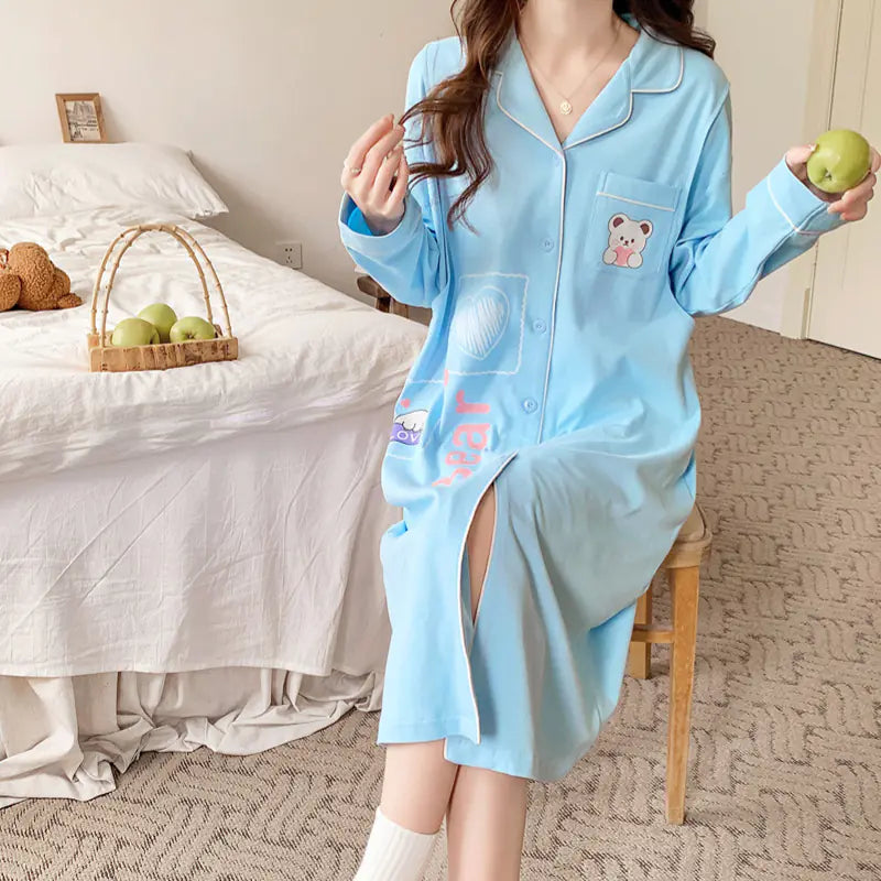 Cotton Maternity Nightgown for Nursing, Long Sleeve - Live to Shop