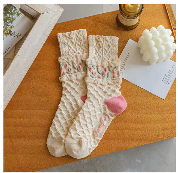 Retro Tulip Floral Cotton Socks - Live to Shop