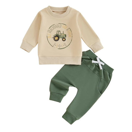 FYBITBO Infant Toddler Baby Boys Fall Clothes Long Sleeve Shirts Tops and Pants Farm Tractor Outfits Winter Clothing Sets (Apricot-Old macdonald had a farm 6-12 Months) - Live to Shop