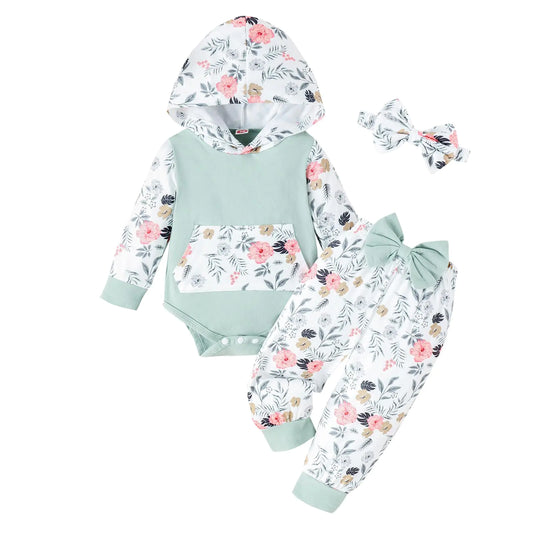 LUNFEGO Newborn Infant Baby Girl Clothes 0-3 Months Outfits Sets Hoodie Romper + Pants + Bow Headband for Girls - Green