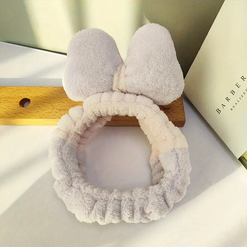 Kawaii Bowknot Plush Headband for Makeup and Hair Care - Live to Shop