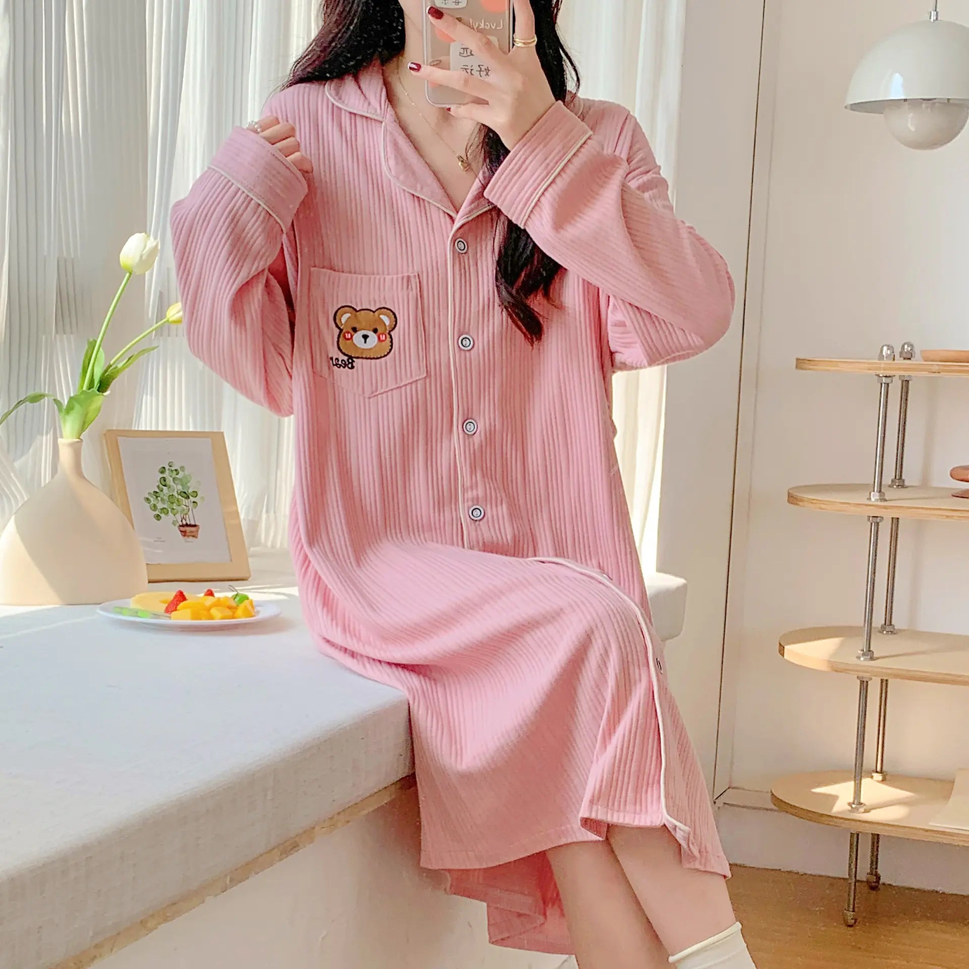 Cotton Maternity Nightgown for Nursing, Long Sleeve - Live to Shop