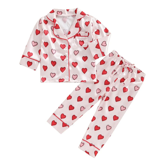 BULINGNA Kids Toddler Girl Valentines Day Two Piece Pajamas Set Heart Shape Pajamas Top with Pajamas Pants Satin Sleepwear (Red 2-3 Years)