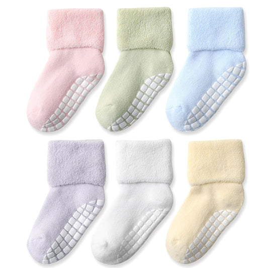 EPEIUS Toddler Socks Baby Thick Warm Cotton Crew Socks with Grips Boys Girls Non-slip Socks Turn Cuff Socks 12-36 Months Pastels 6 PackM