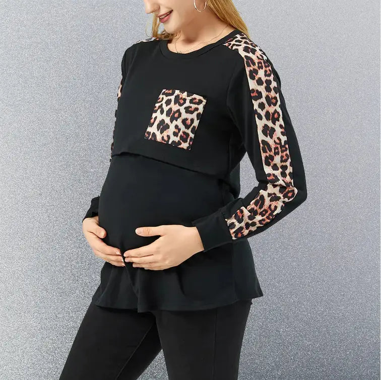 Maternity Long Sleeve Leopard Splicing Nursing Top - Live to Shop
