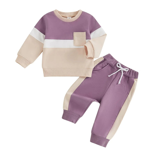 Douhoow Baby Boy Fall Clothes Toddler Girl Clothes Color Block Sweatshirt Tops and Pants Fall Winter Outfits (Purple 2-3T) - Live to Shop