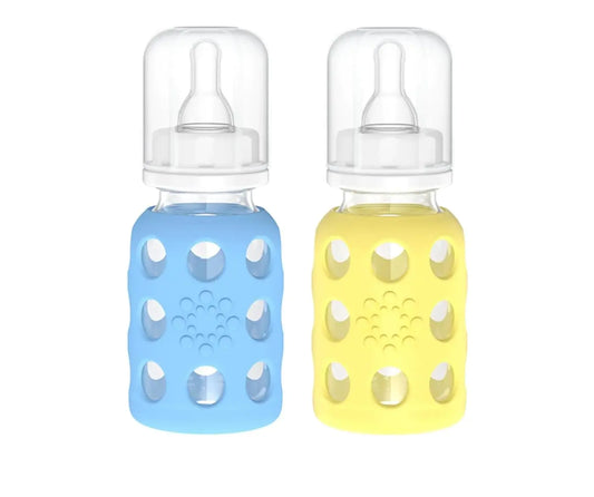 Lifefactory Glass Baby Bottles with Silicone Protection - 2-Pack 4 oz Bottles Sky Blue & Banana