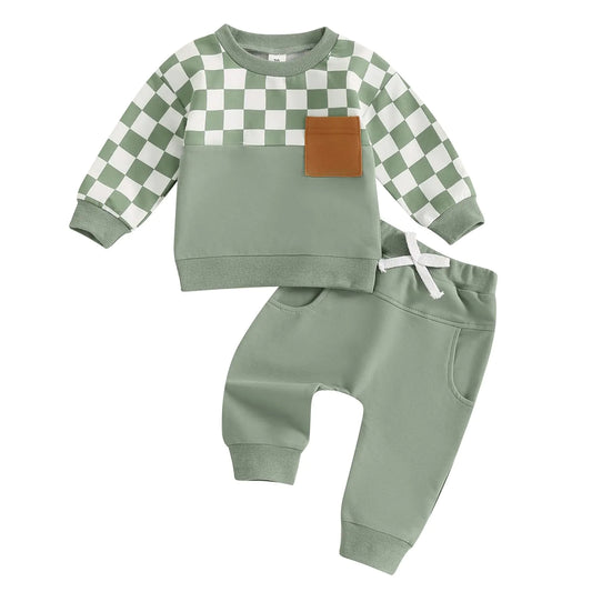 Toddler Baby Boy Fall Clothes Checkered Color Block Long Sleeve Sweatshirt with Solid Pants 2Pcs Winter Outfits (Green Plaid 6-12 Months) - Live to Shop
