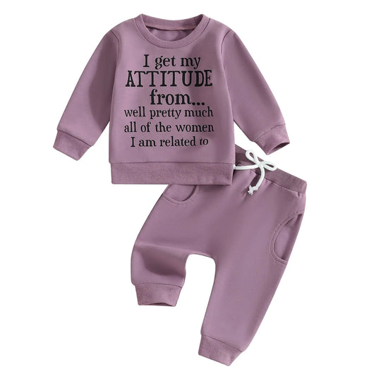 Baby Girl Fall Clothes Funny Letter Print Long Sleeve Crew Neck Sweatshirt Casual Pants Set Toddler Winter Outfit (Purple 0-6 Months) - Live to Shop