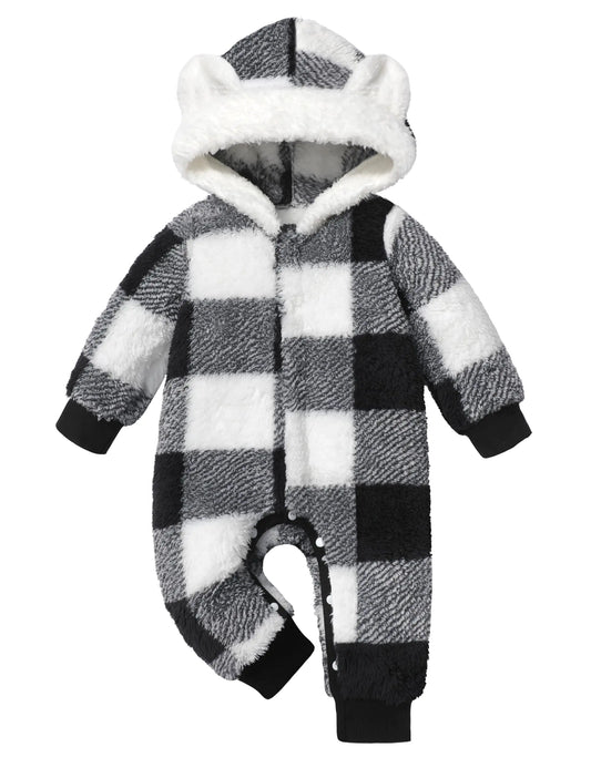 Von kilizo Baby Boy Clothes 3-6 Months Boy Clothes Winter Baby Snowsuit Bunting Warm Suit Bear Fleece Onesie Hooded Plaid Snap Romper Jumpsuit Coat Baby Boy Outfits 3-6 Months Black - Live to Shop