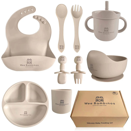 Wee Bambinos Silicone baby feeding set 10 pcs baby silicone feeding set baby plates and bowls set baby led weaning set baby plates and utensils set baby eating set platos para bebes Beige. - Live to Shop
