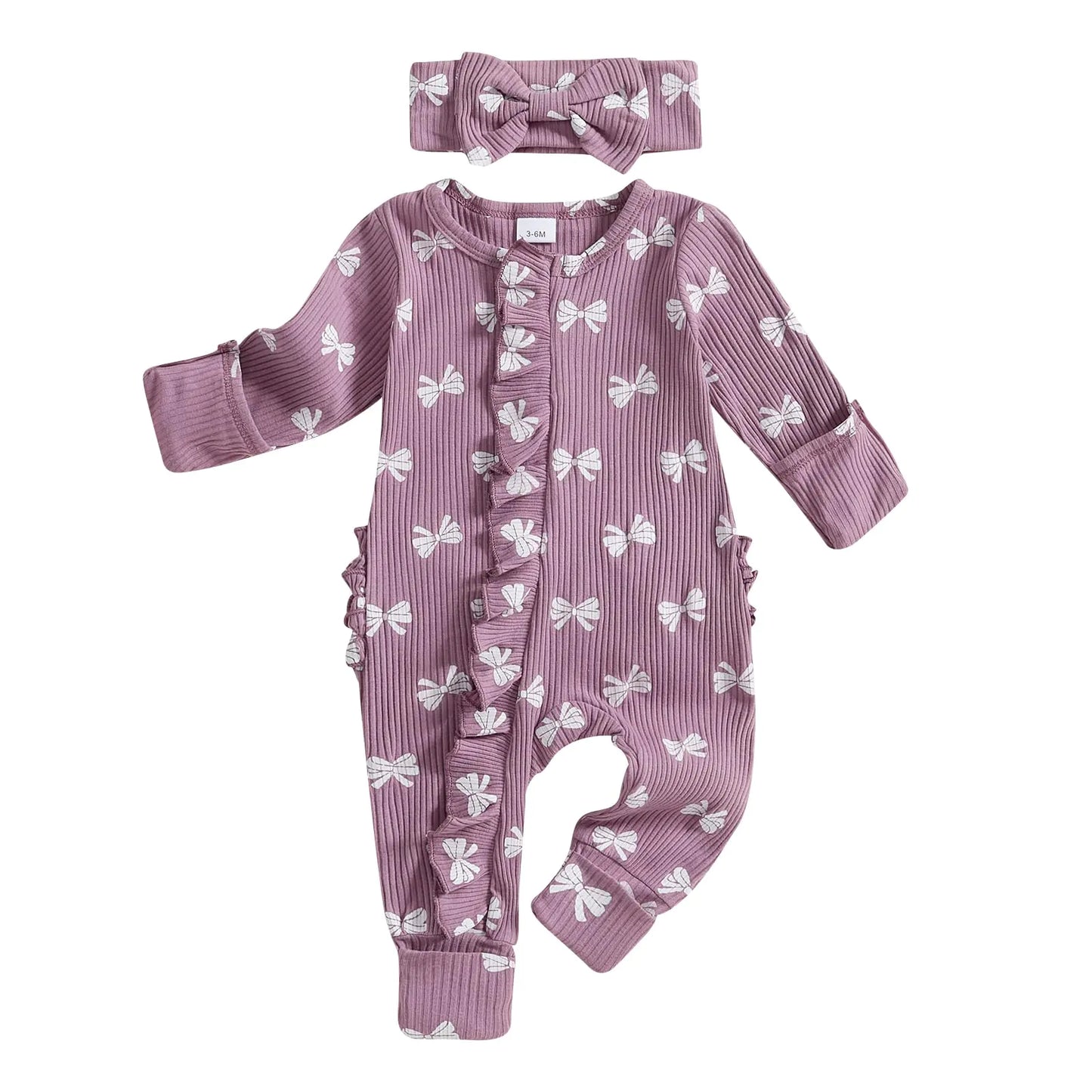 FYBITBO Newborn Baby Clothes for Girls Bow Ribbed Knit Romper Ruffle Jumpsuit Going Home Outfit Baby Girl Clothing (Bow Print-Purple Newborn)