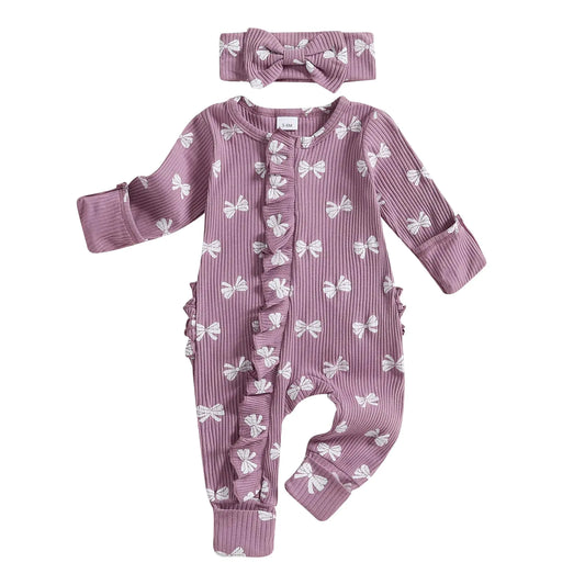 FYBITBO Newborn Baby Clothes for Girls Bow Ribbed Knit Romper Ruffle Jumpsuit Going Home Outfit Baby Girl Clothing (Bow Print-Purple Newborn)