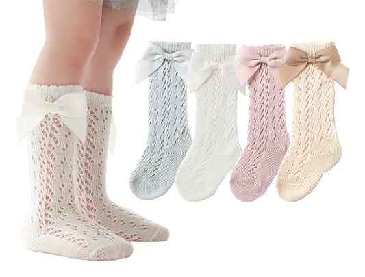 CHUNG Toddler Baby Girls Knee Hight Stocking Cotton Socks 0-7Years Solid Color Bowknot Thin Spring Summer 4pk-hollow1-3Y