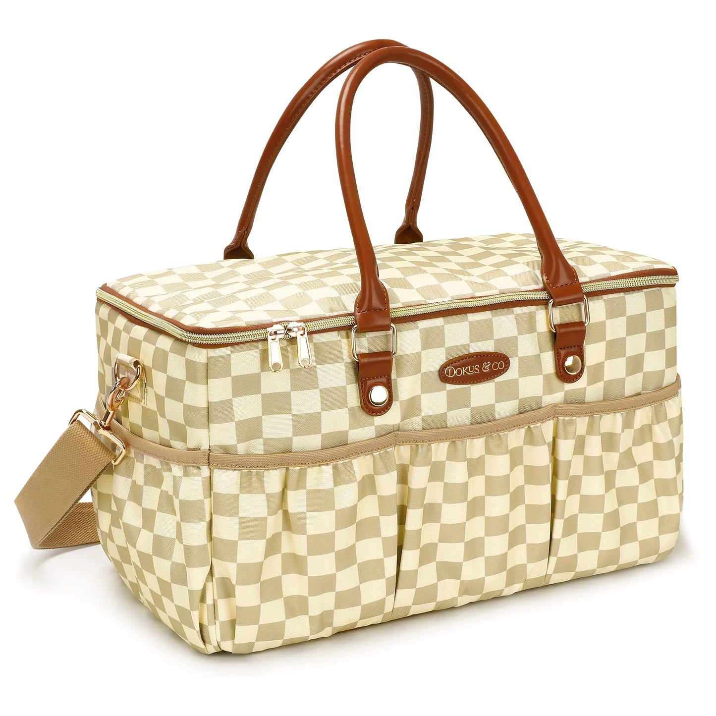 DOKUS & CO Baby Diaper Bag Tote - Trendy Water-Resistant Diaper Tote Bag for Essentials Like Diapers Wipes Clothes - Stylish Large Travel Diaper Organizer with zipper for Newborn Boys & Girls - Tan
