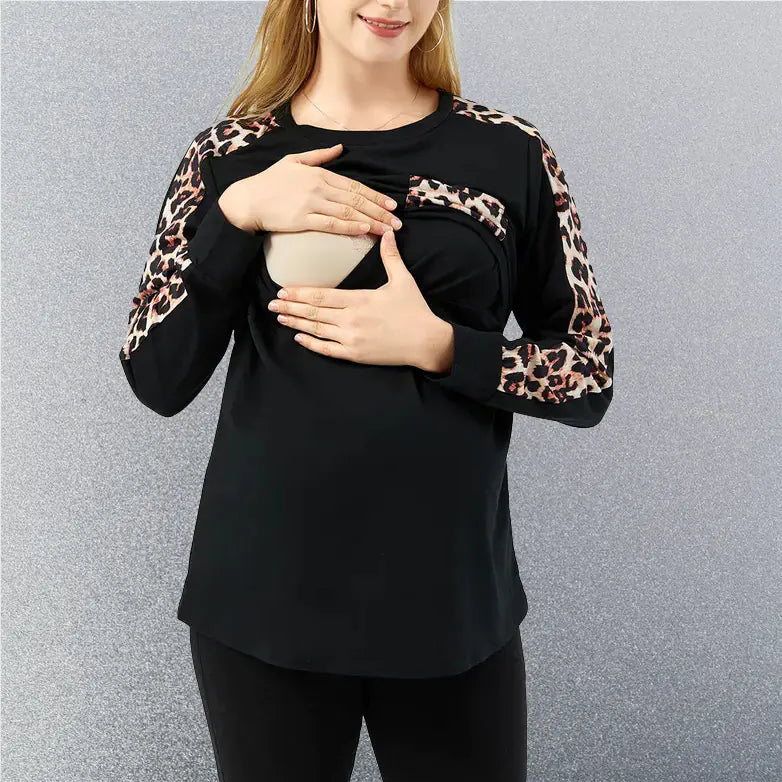 Maternity Long Sleeve Leopard Splicing Nursing Top - Live to Shop