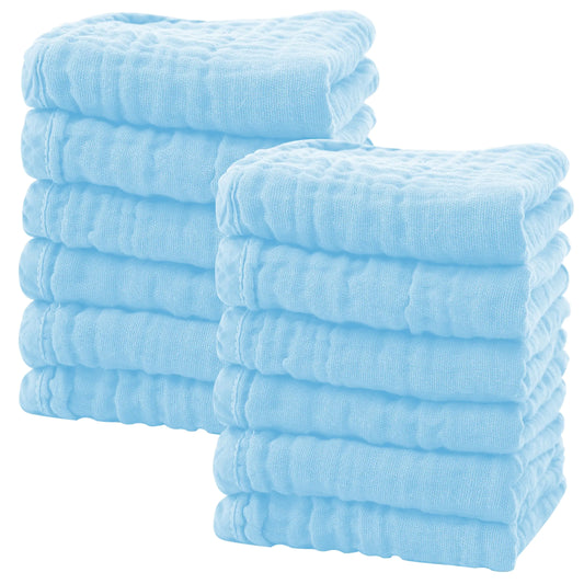 SWEET DOLPHIN 12 Pack Baby Muslin Washcloths - Soft Face Cloths for Newborn Absorbent Bath Wash Cloths Wipes Burp Rag - Toddlers Essentials Stuff Baby Registry as Shower -10"x10" Aquamarine