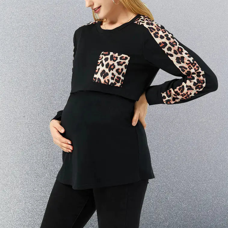 Maternity Long Sleeve Leopard Splicing Nursing Top - Live to Shop