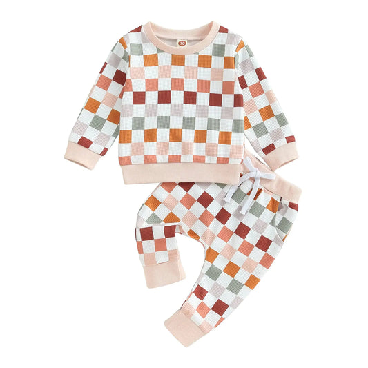 Karwuiio Toddler Baby Boy Girl Clothes Checkerboard Print Long Sleeve Sweatshirt Tops and Pants Fall Clothing Set (Multi-Color 0-6 Months) - Live to Shop