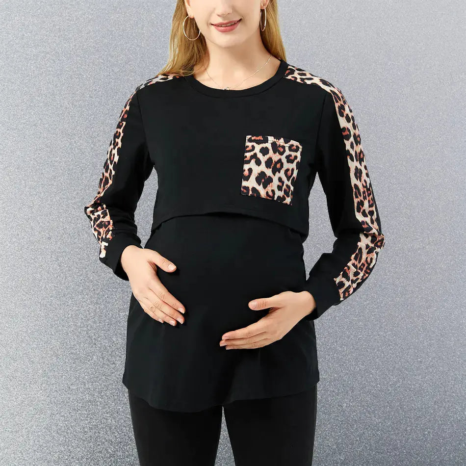 Maternity Long Sleeve Leopard Splicing Nursing Top - Live to Shop
