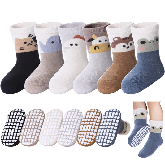 DOSKONI Baby Toddlers Non Slip Socks with Grippers Baby Toddler Boys Girls Grips Socks Kids Cotton Crew Gift Socks 6 Pairs Animal B 1-3 Year Old