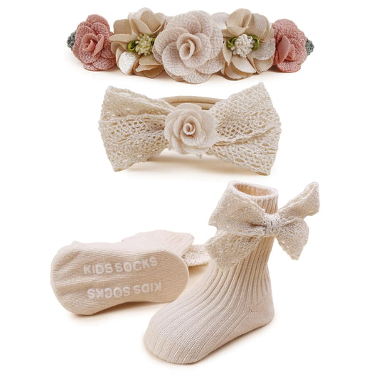 mligril Baby Girls Headband & Socks Set Cute Non Slip Cotton Socks with Flower Hair Bows Bowknot Style Baby Accessories Gifts for Newborn Infant Toddler