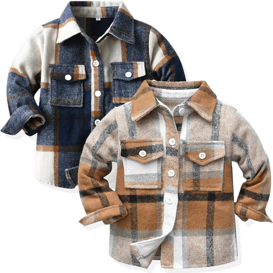 Ilyboz Cute Little Flannels 2 Pack Toddler Baby Boys Girls Plaid Flannel Shirts Jackets Long Sleeve Lapel Button Down Shirt Top Outfit Vintage Clothes